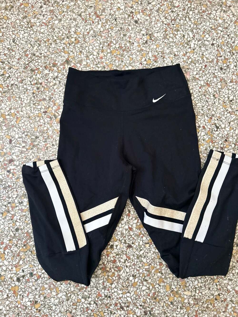 Nike Dri-Fit Leggings Black Gold White Striped Size S